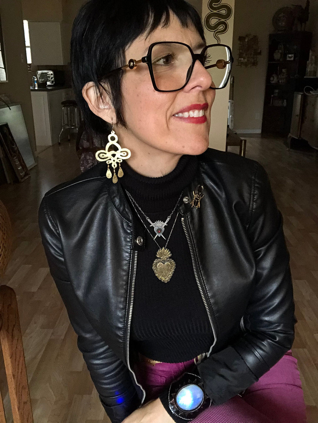 Handmade Hammered Brass Chandelier Earrings: Large Scroll Design